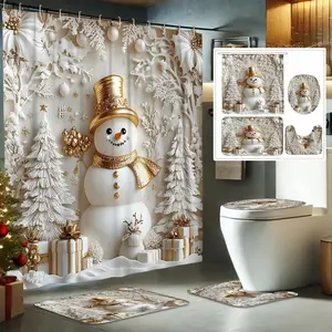 1/4pc Christmas Gold Hat Snowman Luxury 2D Flat Theme Shower Curtain Set includes a shower curtain, toilet seat cover, rectangular mat, and U-shaped mat. Perfect for bathroom décor, beautifying the space. Comes with 12 shower curtain hooks.