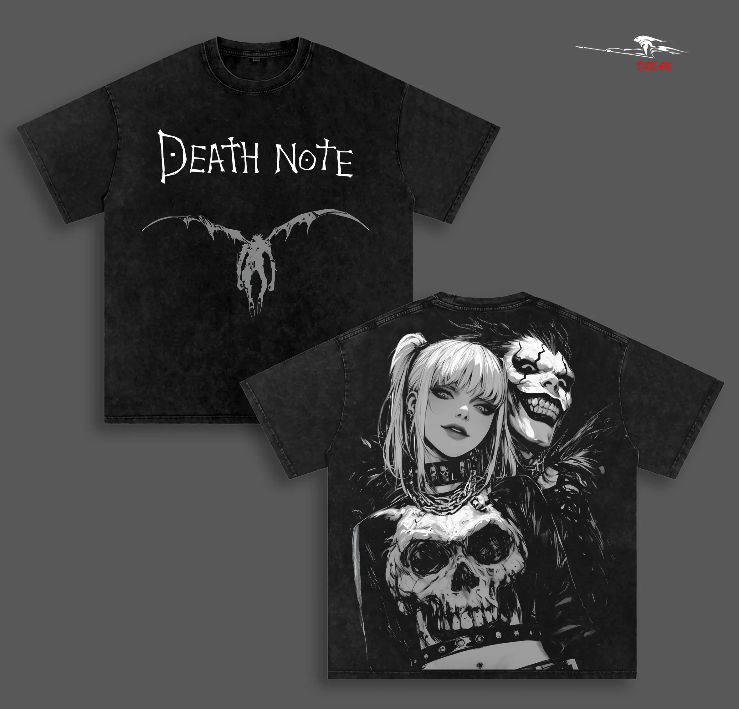 Misa and Ryuk Death Note Anime Double Printed Vintage Washed Tee Unisex Oversize Heavyweight Cotton T-shirt for Anime Fans and Lovers