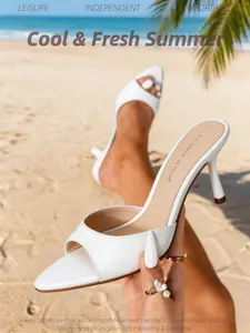 New Summer Women's White Minimalist Smooth Mule Heels | Slip-On Open Toe Stiletto Heeled Slide Sandals High Heel Sandals | Quiet Luxury Old Money Style Walkable Heels for Beach Vacation Wedding Bridesmaid Office Date Night Evening Party & Daily Wear