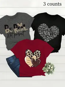 Women's Leopard Heart & Letter Print Round Neck Tee, Casual Short Sleeve T-shirt for Summer, Ladies Clothes for Daily Wear, Cute Tops, Casual Fashionable Top, Casual Stylish Tee