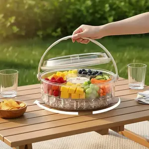 Transparent Divided Vegetable Serving Tray with Lid and Dipping Sauce Section, Rotating Fruit Plate for Parties and Outdoor Picnics, Snack Container