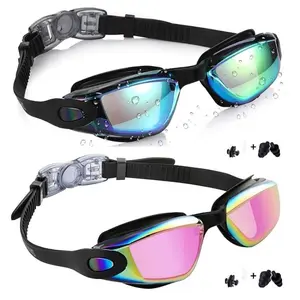 Swimming Goggles, 2 Pairs/set Outdoor with Earplugs, Leak-proof Cool Swimming Goggles for Adults, Men, Women and Teenagers