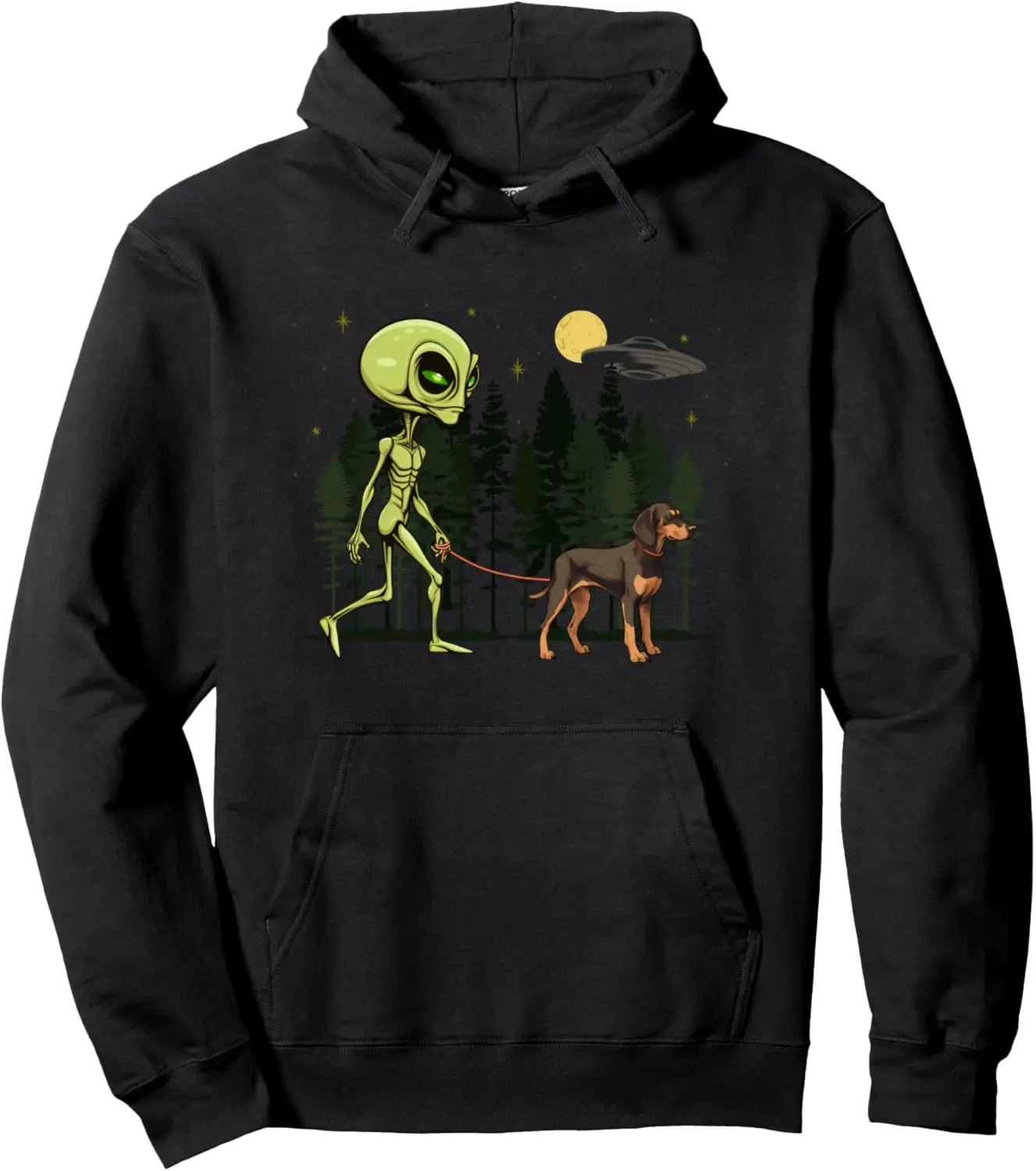Funny Black and Tan Coonhound Alien Walking UFO Pet Dog Mom Pullover Hoodie