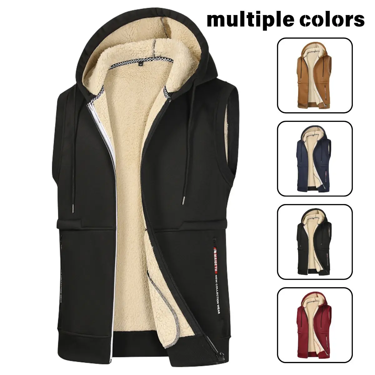 Men's Plain Plush Lambskin Sleeveless Waistcoat - Hooded Black Polyester Vest Top, Autumn Winter Warm Outdoor Casual Mens Clothes