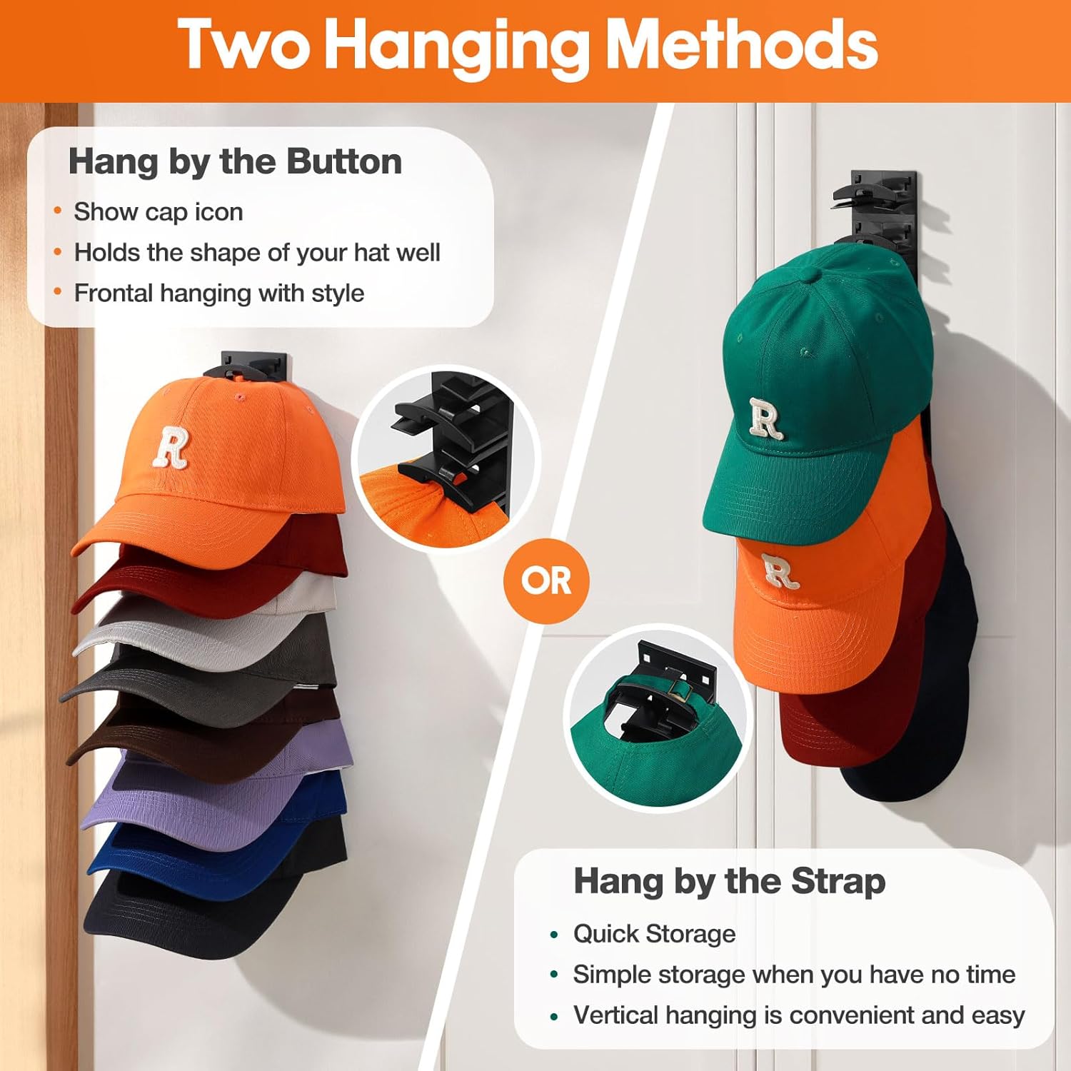 2 Pack Hat Organizer for Baseball Caps, Wall Mounted Hat Rack with Strong Adhesive, Holds Up to 16 Hats, 12.6x2.3 Inch Black Hat Hanger, Multilayer Cap Storage Organizer for Closet Door Bedroom Home Organization