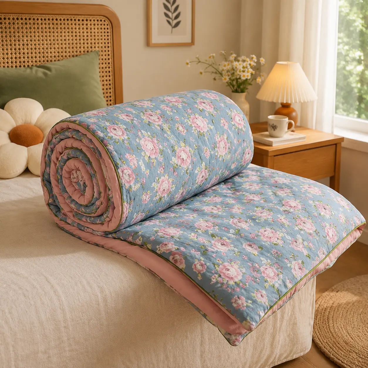 Summer Lightweight Rose Garden Blanket, Soft Thin Plush Throw for Bed, Sofa & Travel, Breathable Aesthetic Home Decor