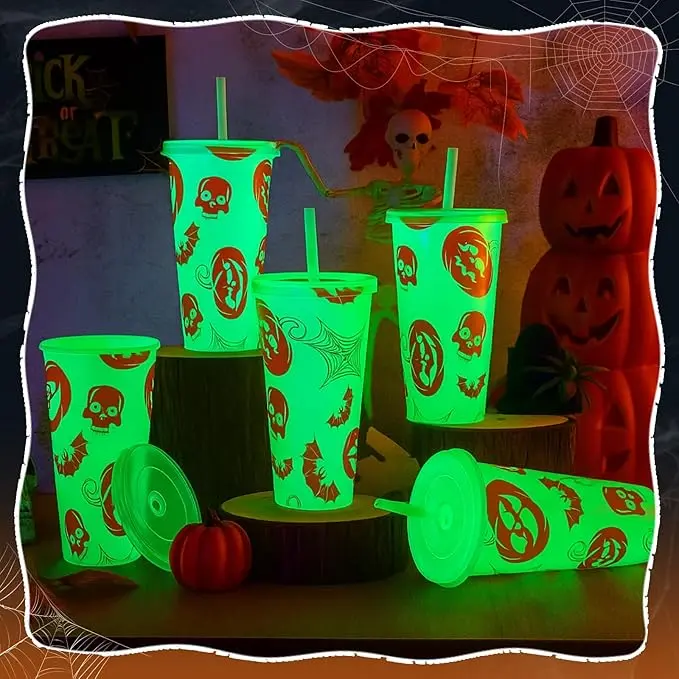Summer Gift 12 Pcs 24 oz Glow in The Dark Cups Halloween Tumbler with Lid and Straw Plastic Reusable Glowing Tumblers Bulk for Coffee Tea Cold Drinks Party Favors Supplies