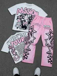 Men's round-neck short-sleeve set with long pants, featuring a pink and black graffiti-style lettering and portrait print; a vibrant, casual athletic look with a drawstring waistband; sweet yet edgy, trendy style Outfit