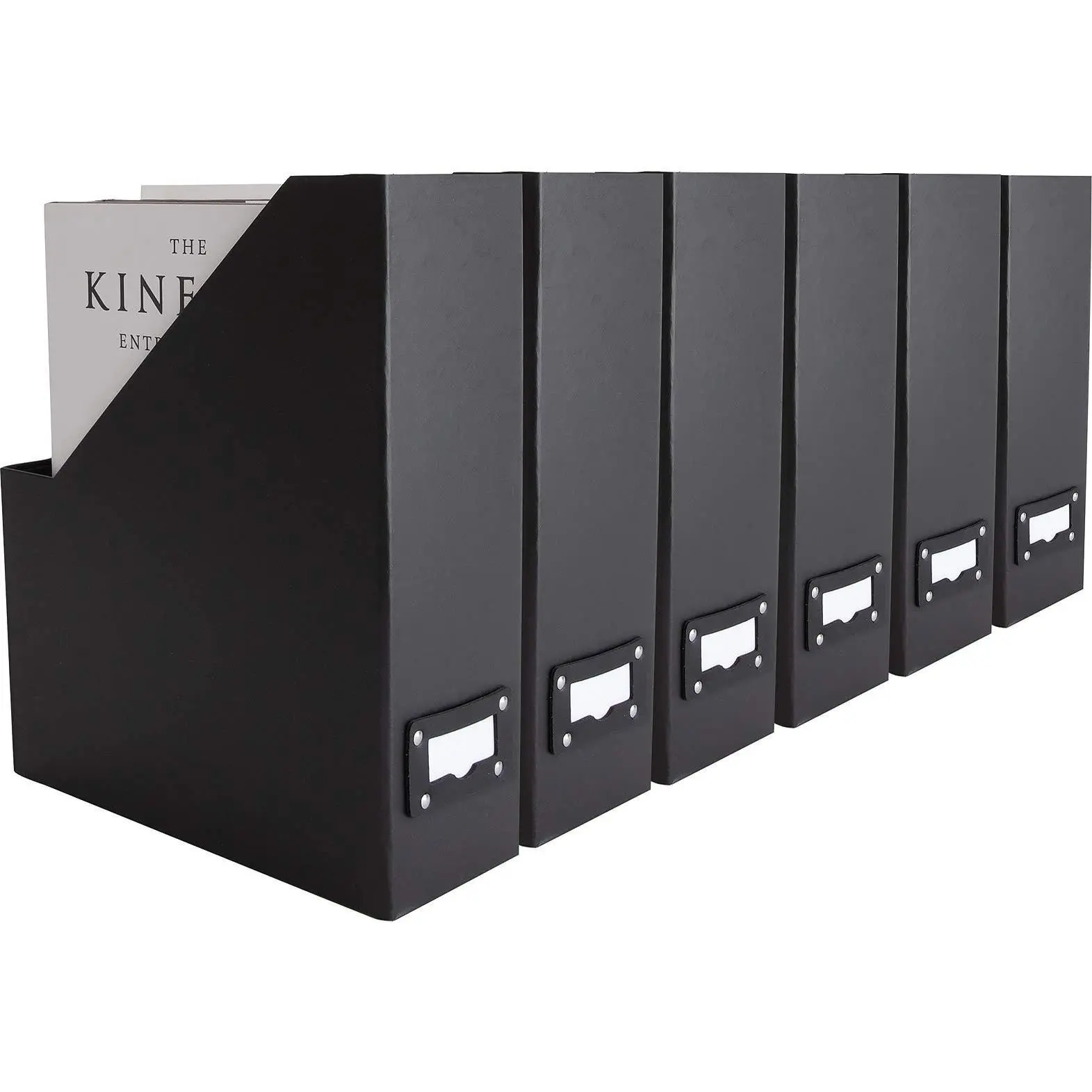BLU MONACO Set of 6 Foldable Magazine Holders with Gold Label Holders – Stylish File Boxes for Home Office Desktop, Bookshelf, or Classroom Organization - 3.6" x 10" x 12"