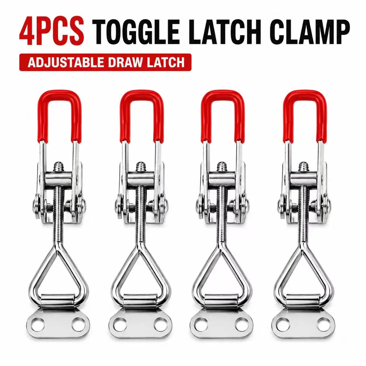 4PCS Adjustable Toggle Latch Clamp, Heavy Duty Draw Catch Lock with Red PVC Handle, Stainless Steel Quick Release Hook for Cabinet, Toolbox, Wood Case