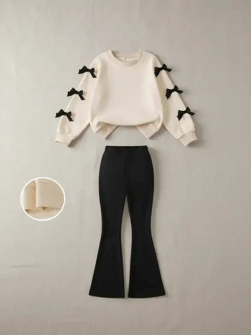 Teen Girls' Bow Sweatshirt & Slim Fit Bell Bottoms Set, Casual Outfit Set, Casual Fall Winter, Comfortable Daily Wear, Perfect Gift, Fashion Clothes Set