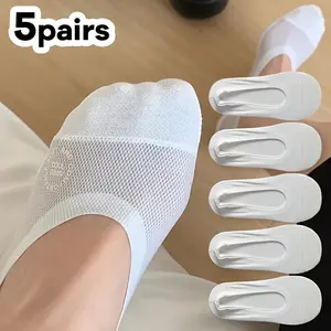 5 Pairs Women's Solid Color No Show Socks, Breathable Mesh Socks with Silicone Grip, Thin Flat Boat Liner Sock