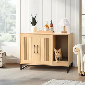 Cat Litter Box Enclosure with Cat Scratch Pad / 2 Tier Storage Shelves, Hidden Litter Box Furniture with Metal Legs, Modern Indoor Cat House