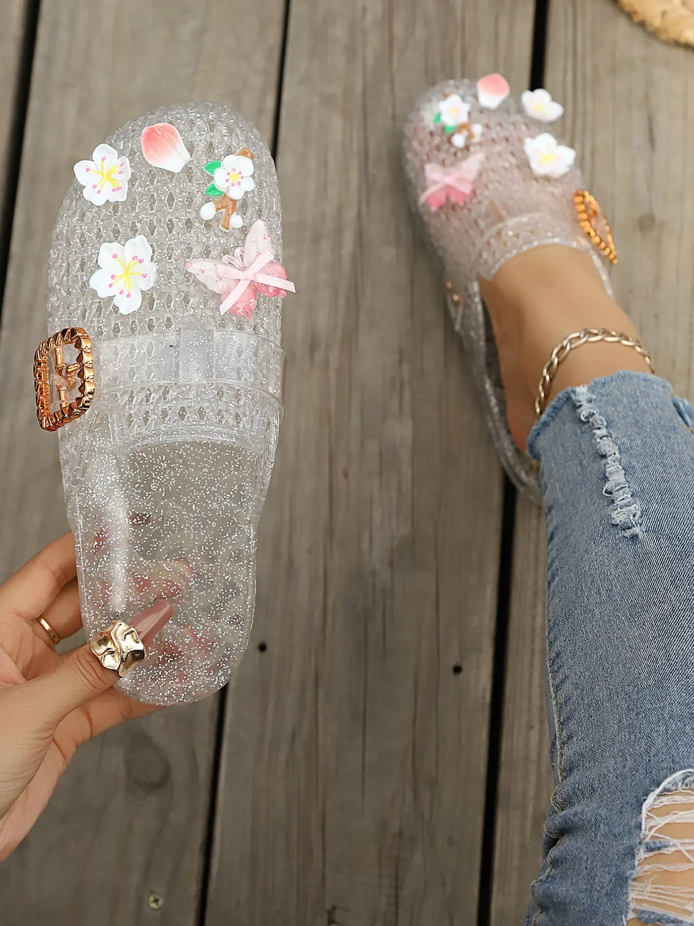 Transparent Glitter Cherry Jelly Sandals, Adjustable Strappy Sandals, Glitter Decorated Sandals, Breathable Mesh, Floral Butterfly Decor, Adjustable Buckle, Casual Wear, Beach Vacation Footwear
