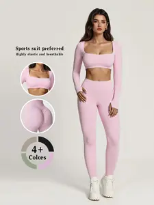 Women's Yoga Workout Set Square Neck Long Sleeve Crop Top & High Waist Leggings Medium Stretch Nylon Spandex Suitable for Gym Outfits Fitness Training Clothes Summer Sportswear