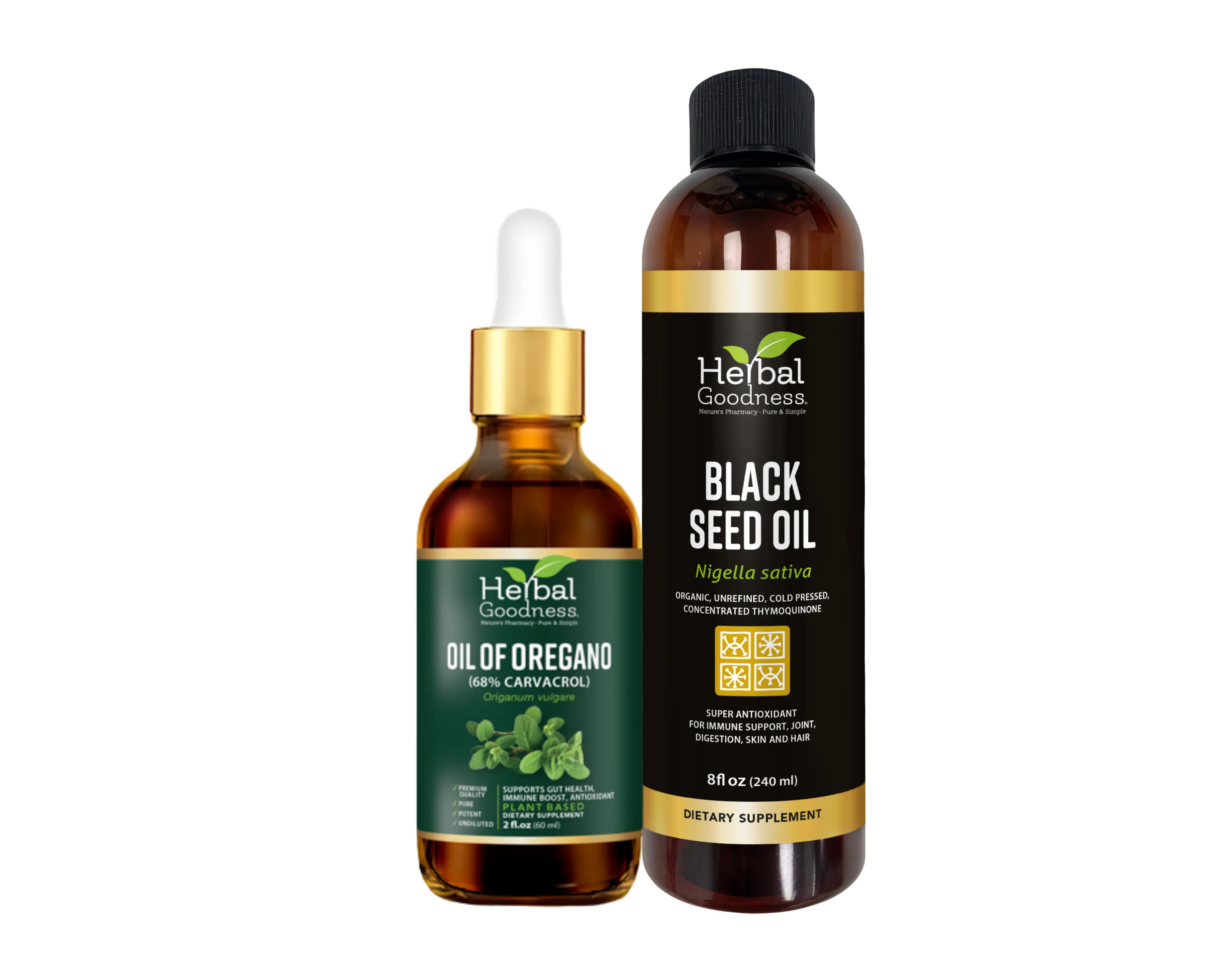 Organic Oregano Oil & Black Seed Oil Set - 2 Non-GMO Bottles, Botanical Herbal Supplements for Immunity Support
