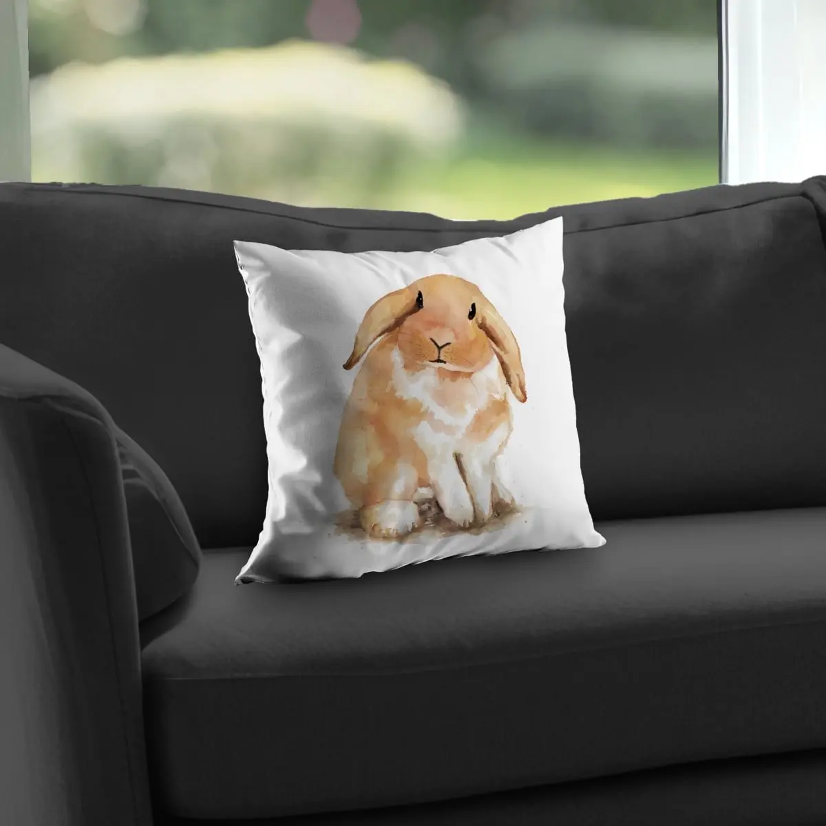 Whimsy Lop-Rabbit Illustrative 360-Stand Children’s Art Throw Pillow, 14x14 in Durable Poly Twill, Nursery Home Textile Accent, Kids’ Space Gift, Soft, Practical