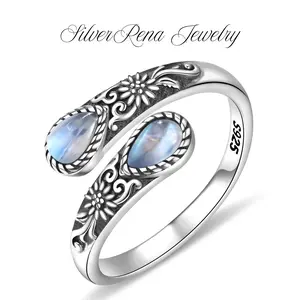 S925 Mother's Day Synthetic Moonstone Sunflower Design Sterling Silver Rings for Women Adjustable Open Ring Thumb Ring Vintage Spoon Rings Labradorite Rings Gift For Mom Wife Sister Her