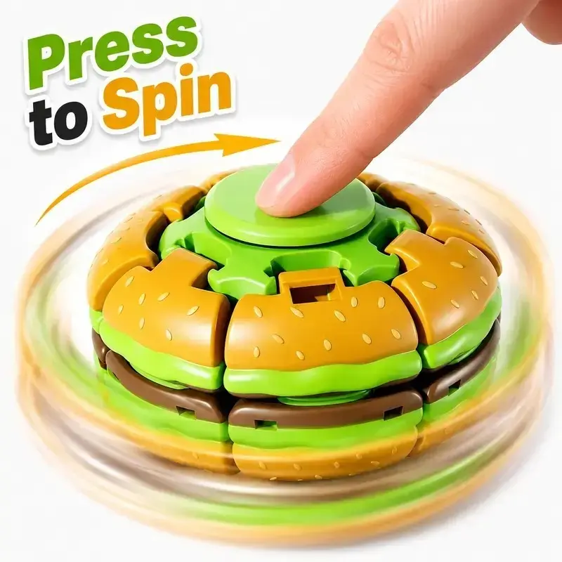 Hamburger Fidget Spinner Toy, Press-to-Spin Stress Relief Toy, Fun Rotating Finger Spinner Novelty Toy for Desk, Home & On-the-Go