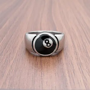 Punk 316L Stainless Steel Black 8 Sliver Color Men's Pool Eight Ball Ring Jewelry
