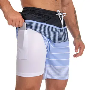 JUNBAOSS Mens Swim Trunks with Compression Stretch Beach Shorts Quick Dry with Pockets No-Chafing Board Shorts, Breathable Fit Hawaii Beach Shorts Swimwear Bathing Suits Activewear