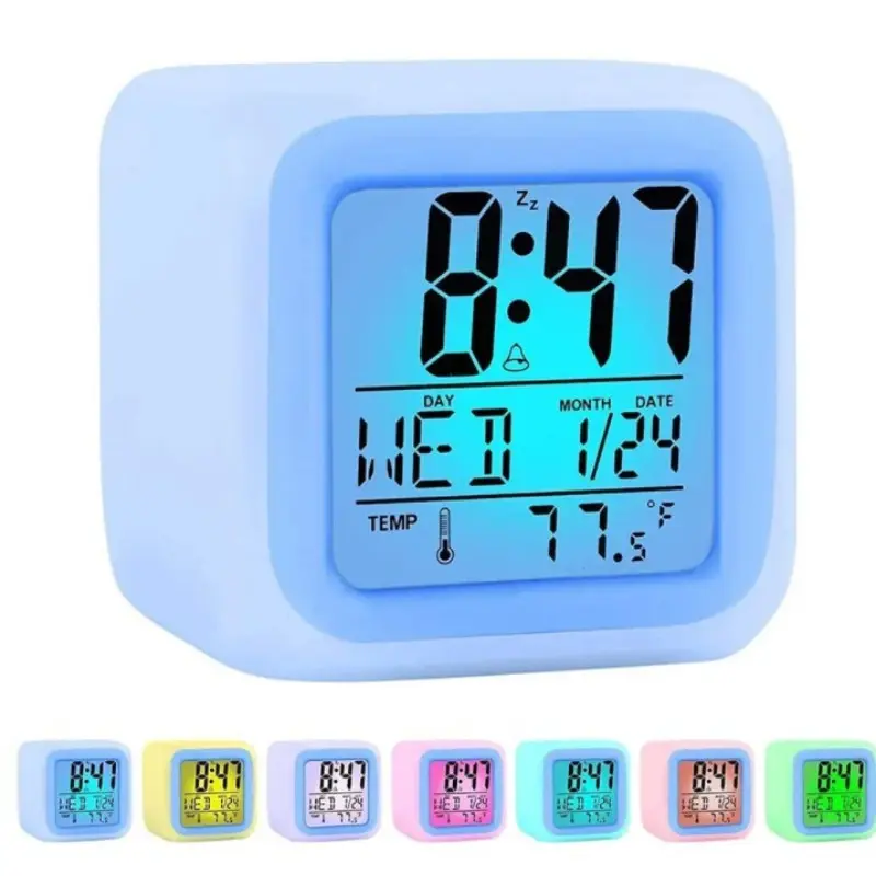 Contemporary Minimalist Alarm Clock, 7 Color Light Effects, Extremely Silent Bedside Clock with Glowing LED Display, Temperature & Date Function, Modern Desk Decor for Bedroom Home Office, Battery Operated Digital Clock