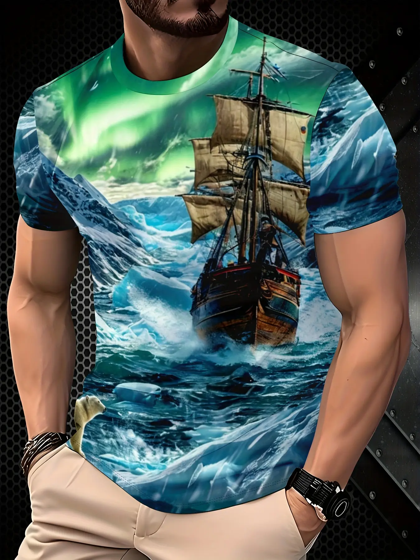 Men's 3D Sailing Ship Print Casual Sport Top, Polyester Fabric, Regular Fit, Suitable for Outdoor Sports and Daily Comfort, Stylish Casual Crew Neck Top, Fashionable, Versatile, and Easy to Care for, New Polyester Fiber Men's T-Shirt