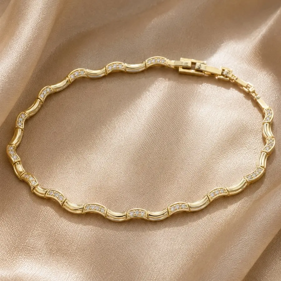 14K Gold-Plated Minimal Wave Line CZ Bracelet, 19 cm