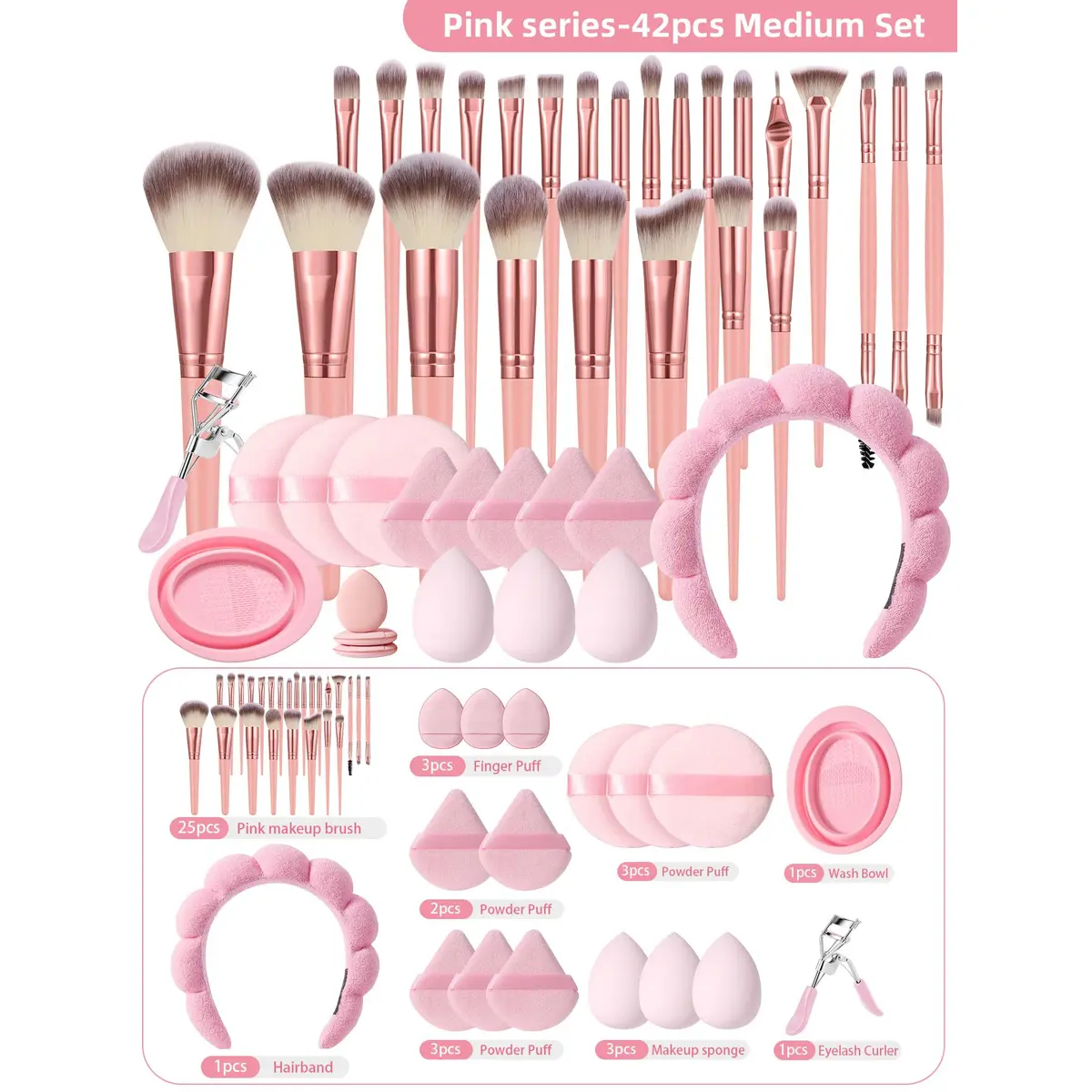 42-Piece Eyelash Curler Brush Sets & Kits with Sponges, Puffs, Brush Cleaner & Storage Bag - Complete Makeup Tool Gift Set for a Flawless Finish