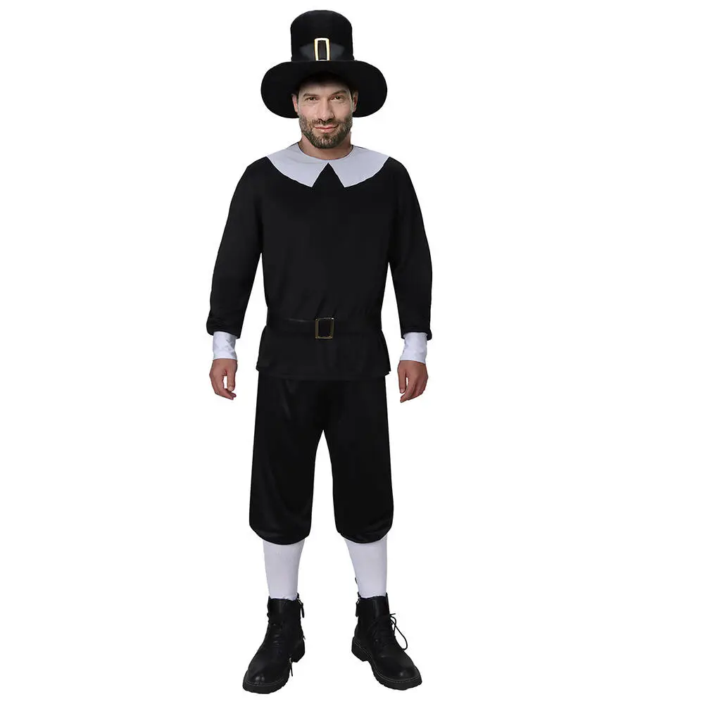 Men's Thanksgiving Pilgrim Cosplay Suit, Halloween Party Fancy Dress Outfits, Polyester Fabric Menswear with Size Chart (Includes Socks)