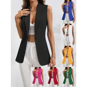 Women's Solid Single Button Vest Blazer Collar Fit Tops White Elegant Womenswear Chic Sleeve Basic Minimalist Fabric Shawl
