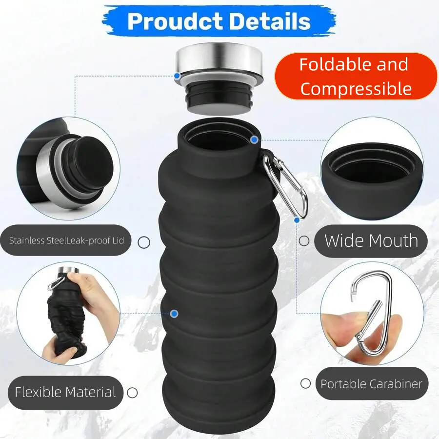 Ultra-Light Collapsible Water Bottle - Flexible Material, Stainless Steel Lid, Heat-Cold Proof, Leakproof, Wide Mouth, Portable Carabiner for Hikes, Travel (Home Bathroom Tumbler for Outdoor Use)