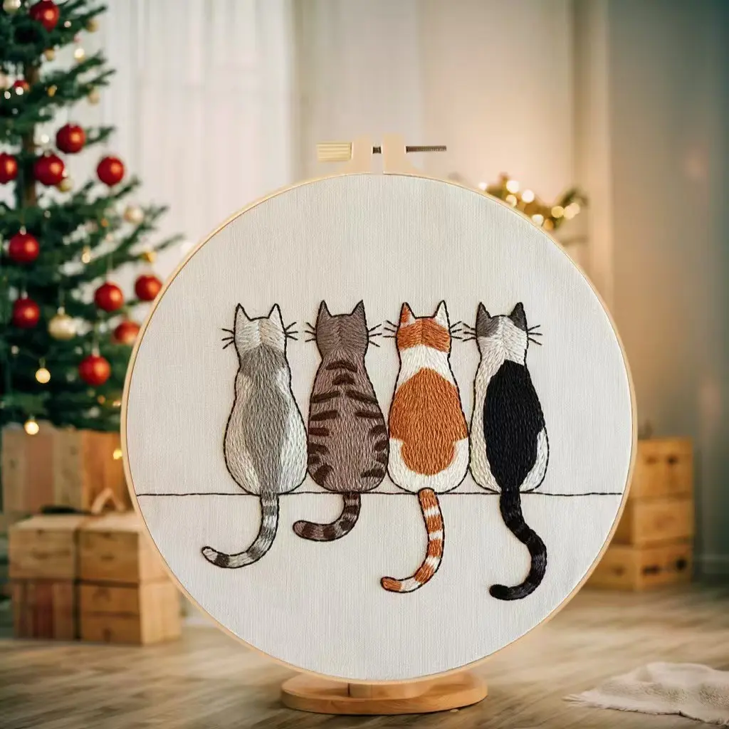 Beginner Embroidery Kit, Embroidery Kit For Beginners, Hand Embroidered, Cross Stitch Set, Embroidery, 4 Cat Designs, DIY Craft & Embroidery Supplies, Handmade Embroidery, Includes Printed Cotton Fabric, Thread, Needle, Chart