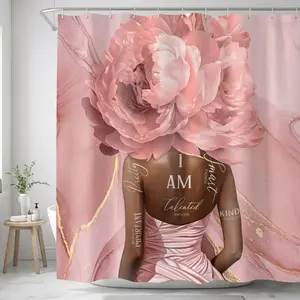 Four-piece black girl bathroom set, including non-slip rug, toilet seat cushion, and floor mat (with 12 hooks), floral shower curtain set, bathroom set with rug and accessories, Shower Essentials