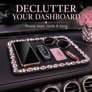 Bling Car Anti-Slip Dashboard Pad, Sparkly Pink Crystal Rhinestone Non-Slip Mat for Cell Phone Keys Coins, Cute Sticky Dash Mat Car Interior Accessories for Women, Universal Aesthetic Car Decor Diamond Steering Wheel Cover
