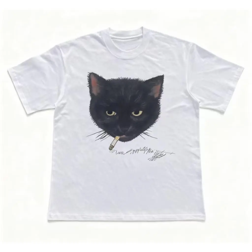 Black T-Shirt with Black Cat Smoking Cigarette Graphic and Signature Print - Casual Wear for Men and Women