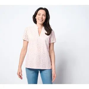 QVC Belle by Kim Gravel Women's Eyelet-Front Knit-Back Blouse