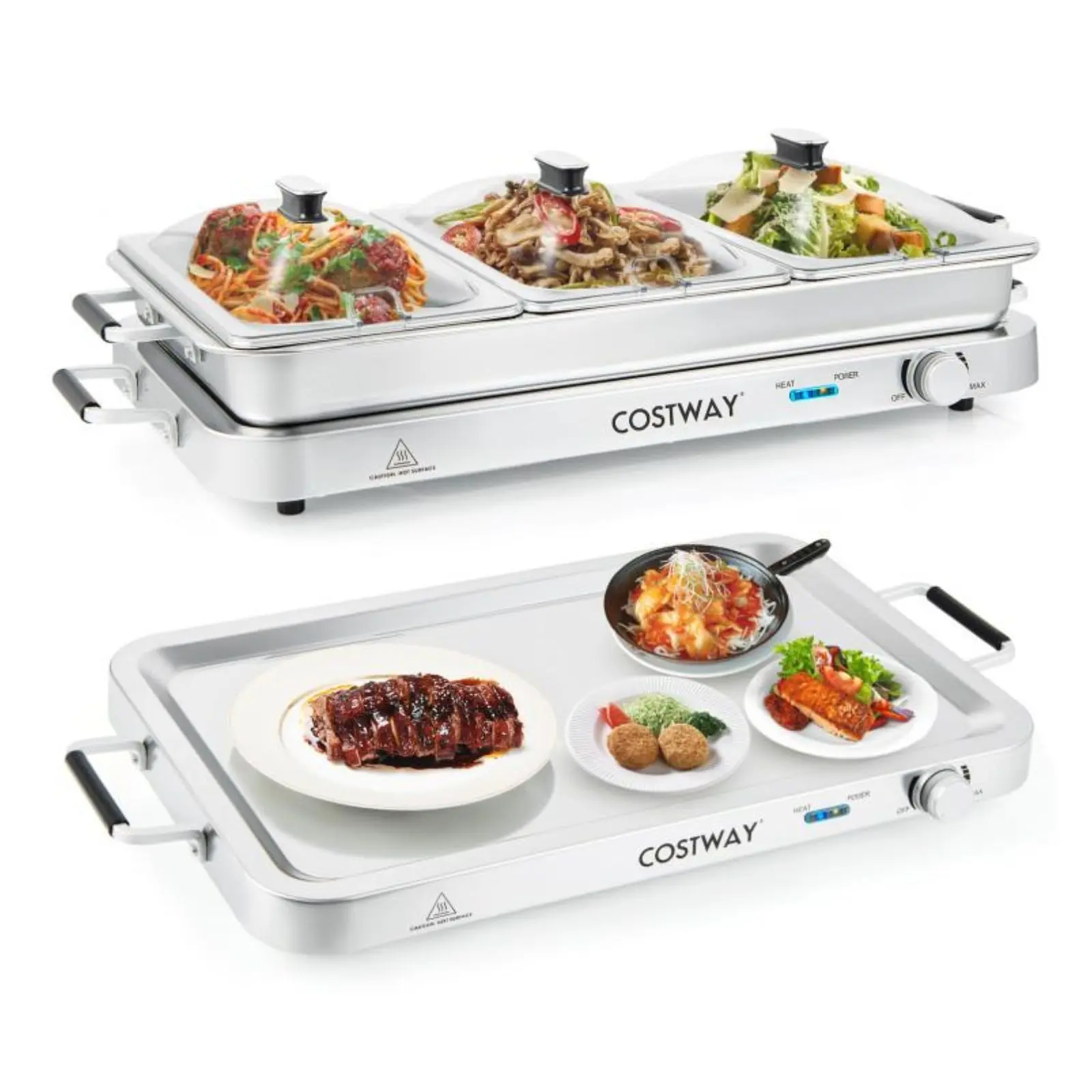 COSTWAY Buffet Servers and Warmers, 2 in 1 Electric Warming Tray, Stainless Steel Chafing Dish with Temperature Control, 3 Serving Trays, 4.5/8 Qt Food Warmers Station for Parties Banquets Events, Dishwasher Safe, Christmas Gift Black Friday Cyber Monday