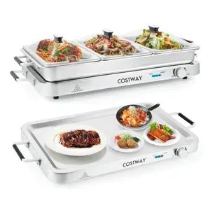 COSTWAY Buffet Servers and Warmers, 2 in 1 Electric Warming Tray, Stainless Steel Chafing Dish with Temperature Control, 3 Serving Trays, 4.5/8 Qt Food Warmers Station for Parties Banquets Events, Dishwasher Safe, Christmas Gift Black Friday Cyber Monday