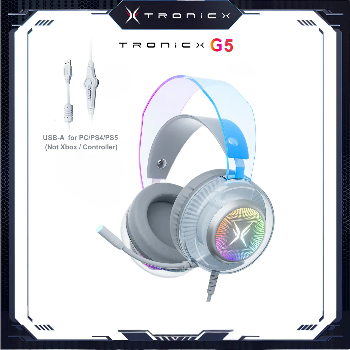 [Summer Vibes] TAGRY TRONICX G5 Wired Gaming Headset with 50mm Driver, ENC Microphone, USB Headset with 7.1 Surround Sound, Control Box for PS5/Switch in Dock Mode (Not Compatible with Xbox or Controller)