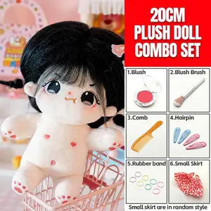 20cm Plush Cotton Doll DIY Set - Complete 7-Piece Set with Bare Doll, Blush Powder, Blush Brush, Comb, 2 Pairs Hair Clips, 8 Elastic Hair Ties & Cute Floral Dress - Kawaii Dress-Up Toy Gift for Girls, DIY Craft Enthusiasts & Doll Collectors