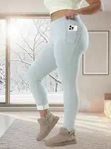 Women's Plus Size Fleece Lined Tight Pants, Warm Fall Winter Base Layer, Crescent Pocket Design, High Waist High Stretch, Soft Comfort Fabric, Side Pocket Leggings