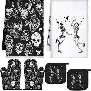 6 Pcs Halloween Skull Kitchen Towels Oven Mitts and Pot Holders Set Skeleton Hand Dish Towels Skull Oven Mitt Set for Kitchen Home Decorations Cooking Baking Gifts (Classic Color,Skeleton)