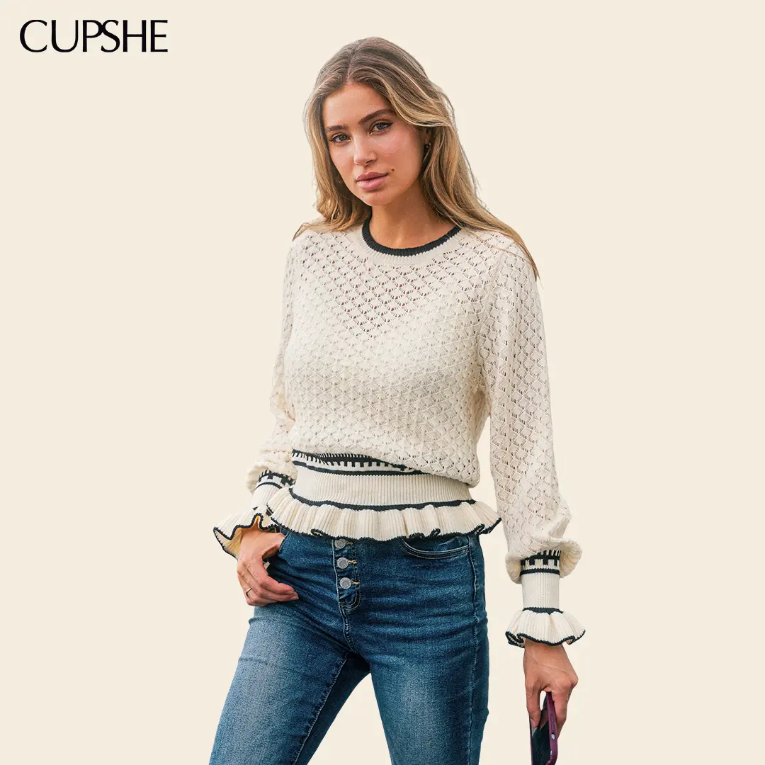 CUPSHE Women's Spin Around Knit Sweater, Crew Neck Long Sleeve Striped Sweater, Openwork Knit Top with Ruffle Cuff and Hem Detail, Elegant Casual Layering Top for Fall, Everyday Wear, Weekend Style Knitwear Womenswear Knitting Bridal Beige Fitted