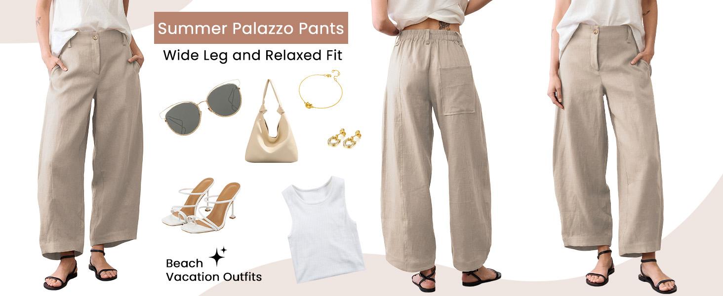 Tanming Women's Casual Baggy Linen Blend Pants, High Waisted Pull On Wide Leg Style with Pockets for Summer, Bottom, Cotton, Zip
