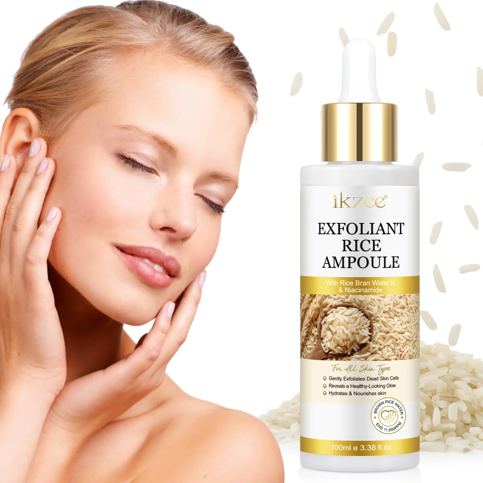 ikzee Peel Shot Glow White Rice Peeling Ampoule with Rice Extract & AHA BHA, Brightening & Gentle Exfoliating Serum for Sebum Control, Niacinamide & Hyaluronic Acid, Skincare