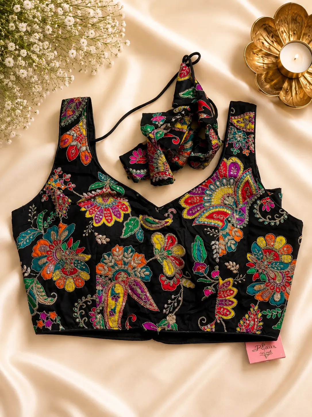 Premium Black Silk Floral Handwork Designer Saree Blouse
