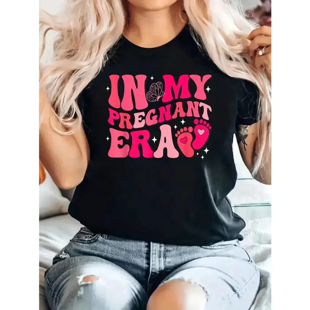Women's Sporty Chic "In My Pregnant Era" Graphic Short-Sleeve Cotton T-Shirt - Loose-Fit Maternity Pregnancy Clothes, Breathable Round Neck All-Season Ease Sports Top