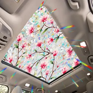 Magnolia Flower Sunroof Film Floral Rainbow Effect Static Clings Window  Film Sun Protection Stained Glass  for  Moonroof & Side Windows, 17.72 x 35.43 Inch