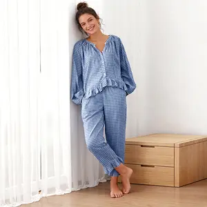 Womens Plaid 2 Piece Pajamas, Cotton Pyjamas Gingham Nightwear,  Ruffle Long Sleeve Shirt Elastic Waist Pant Loungewear, Homewear with Pockets Casual Pjs Womenswear